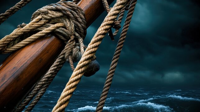 mast. The central mast of a sailing ship, ropes taut against a stormy sky and turbulent sea. mobility guides, transit brochures, designed for transport & logistics marketing, used by art directors.