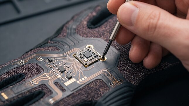 Close-up of an engineer hand using a precision screwdriver to assemble a microchip on a smart glove with flexible circuits.