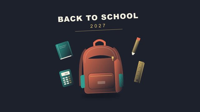 Back to school 2027 backpack with books, calculator, pencil and ruler flying out and orbiting on dark background