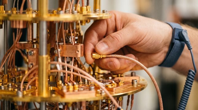 Close-up of an engineer wearing an anti-static ESD wrist strap connecting a coaxial cable inside a quantum computer dilution refrigerator.