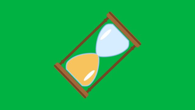 Wooden hourglass with golden sand pouring from the top bulb to the bottom, then flipping over to start again, seamless loop on a green screen