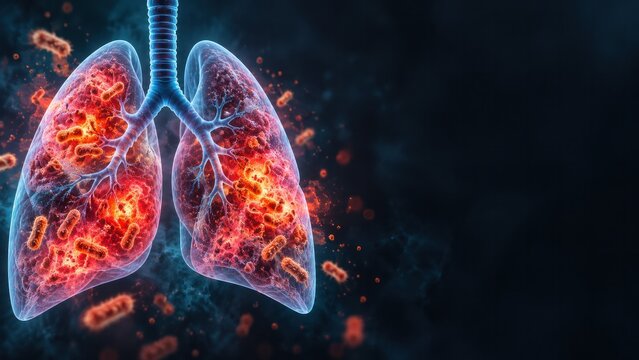 Inflamed lungs with bacteria, pneumonic plague and respiratory infection concept with copy space