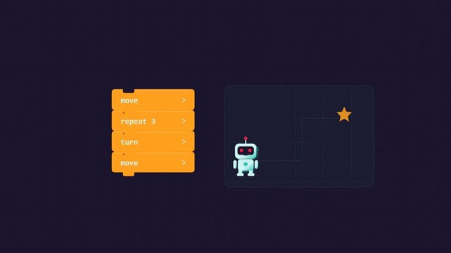 Coding for kids block programming with move, repeat and turn blocks guiding a small robot to a star