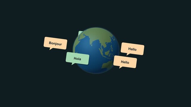 Learn languages rotating earth globe with hello, hola, bonjour, ciao and hallo speech bubbles orbiting