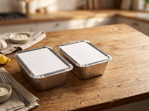 Two aluminum foil food containers with blank white lids on a rustic wooden table. Delivery mockup setup.