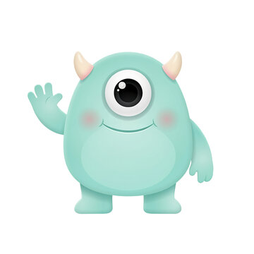 Cute cartoon monster with single eye waving hand creature character mythical