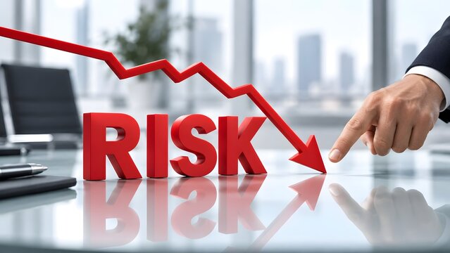 Businessman pointing at red downward trending graph and the word RISK in a modern office setting symbolizing financial loss