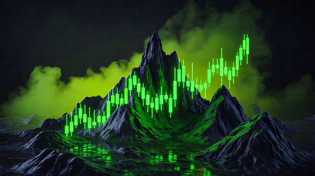 Green financial growth chart across a dramatic mountain landscape representing market volatility