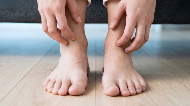 Scratching Itchy Ankles on Wooden Floor Close Up &ndash; Allergy Eczema Dermatology Healthcare Banner