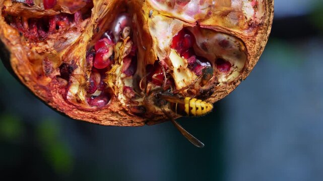 A yellow and black hornet crawls and feeds inside a broken, dried pomegranate hanging in a garden, picking at juicy red seeds, a close look at insect behavior and autumn harvest.