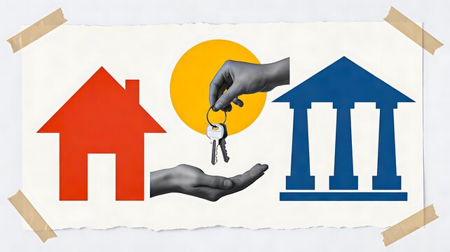 Home ownership and real estate concept with house icons and exchanged keys