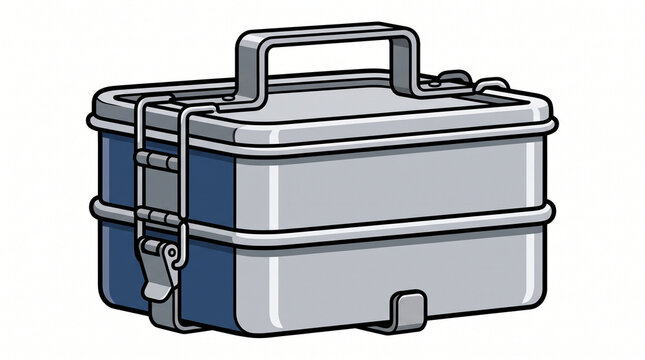 Metal lunch box featuring multiple compartments and a secure handle sits isolated on transparent background.
