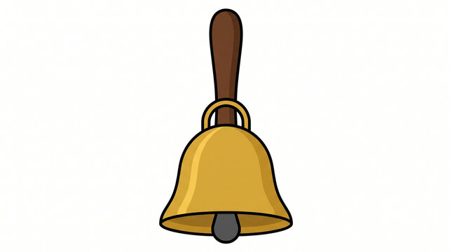 Hand bell rendered in a cartoon illustration style features a golden body and a brown wooden handle.