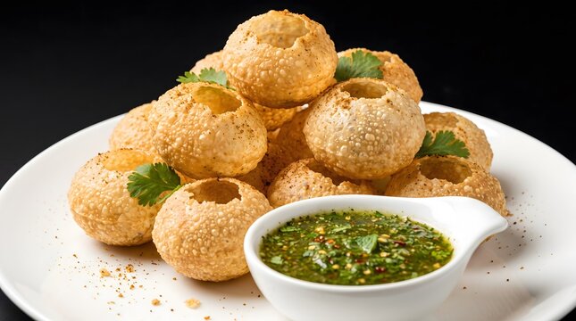 A pile of crispy fried indian street food pani puri or golgappa served with a bowl of spicy green mint and coriander water on a white plate