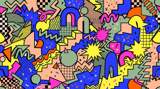 A vibrant pop art illustration features geometric shapes and abstract patterns in bright.