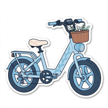 Light Blue Electric Bicycle Flat Vector Die Cut Sticker Illustration with Wicker Basket