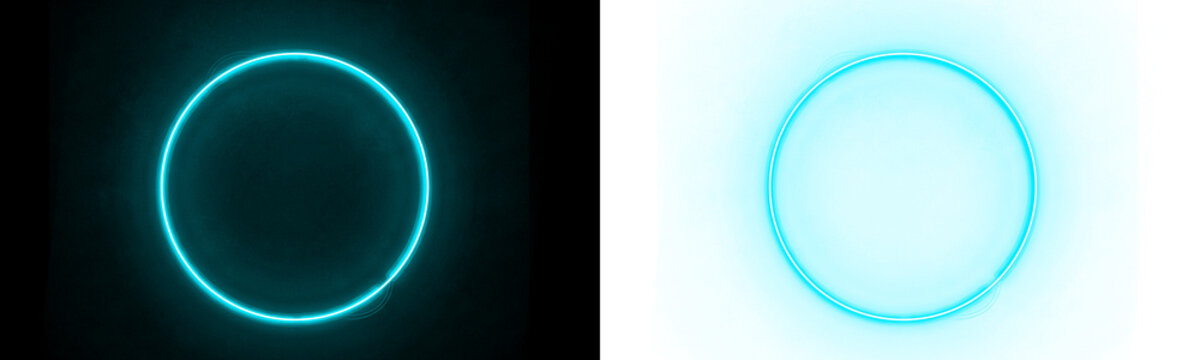 Cyan glowing neon ring light frame object for digital banner background design.