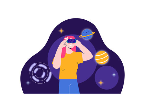 A woman wearing a virtual reality (VR) headset and exploring a digital space filled with planets and stars. Smart Glasses illustrations. Flat vector concepts.