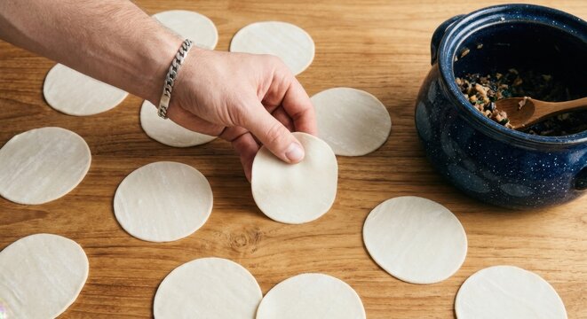 Male hand preparing homemade dumplings with fresh circular dough wrappers and savory meat filling in a blue ceramic pot on a rustic wooden table, traditional culinary process of making gyoza or