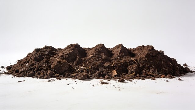Large Pile of Dark Brown Organic Compost Soil with Rough Earth Texture Isolated on a Clean White Background