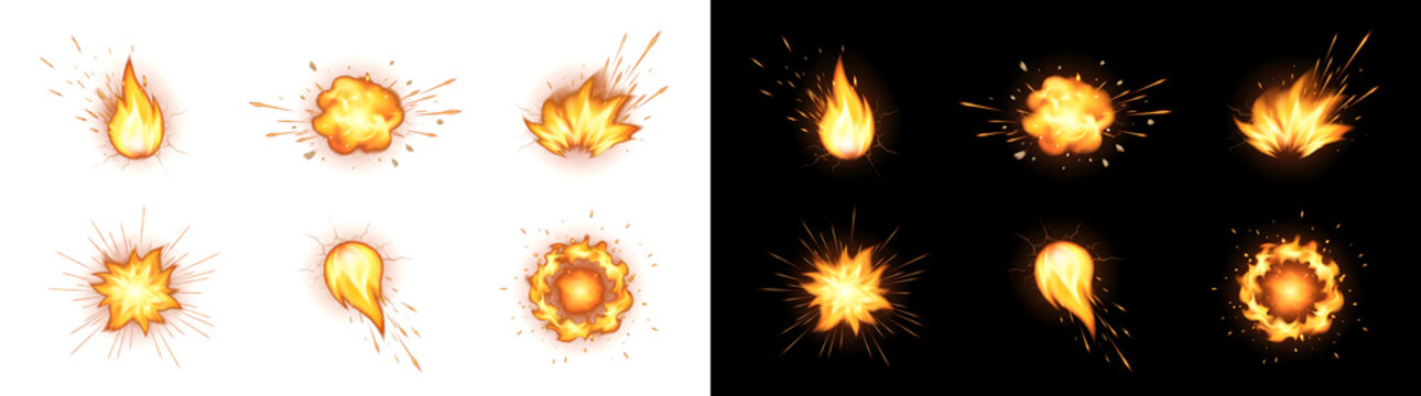 Fire explosion set with orange blasts, flying sparks and wall cracks for game and comic effects in PNG, Transparent and Black Background Versions