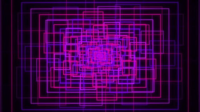 Glowing neon magenta rectangular tunnel moving through dark space futuristic cyber square loop animation synthwave glowing lines background digital technology geometric grid pattern design