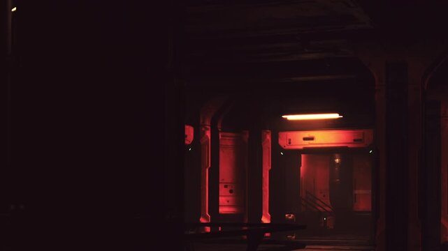A narrow corridor glows with red light, casting shadows on weathered walls. The setting feels unsettling and mysterious, evoking thoughts of forgotten spaces in a derelict space station.