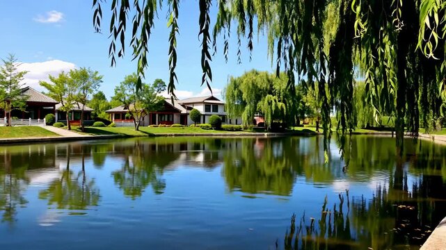 Chinese architecture scenery of weeping willows by the lake, villas reflected by weeping willows by the lake