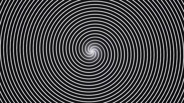 Hypnotic black and white spiral loop background motion graphic video with rotating concentric lines psychedelic optical illusion visual effect continuous spinning whirlpool vortex tunnel