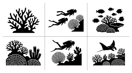 Underwater coral reef silhouettes with divers and manta ray for ocean life design © Orjit