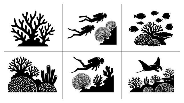 Underwater coral reef silhouettes with divers and manta ray for ocean life design