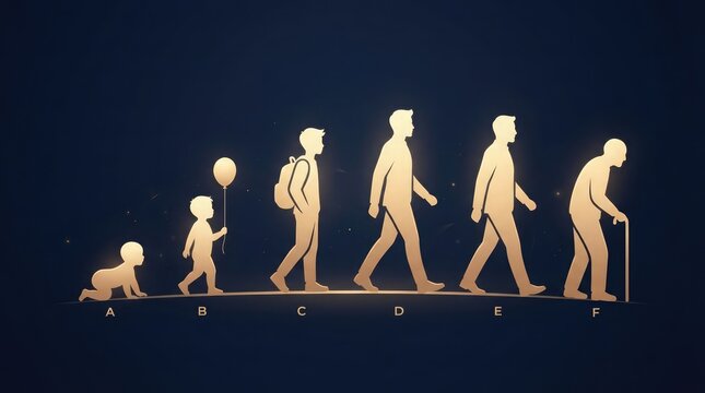 A conceptual artistic illustration showing the chronological progression of human life stages from infancy to old age in a glowing golden silhouette