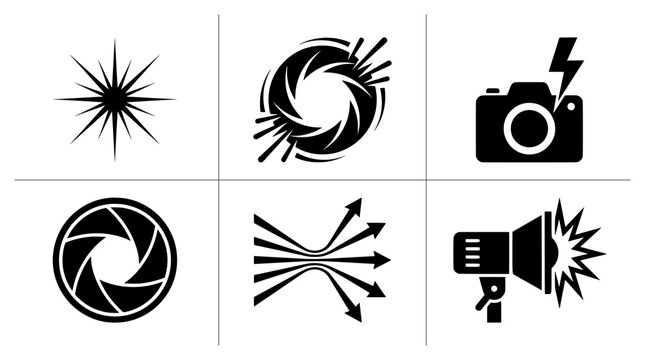 Camera and photography icons set with lens aperture, flash, starburst and arrows for design