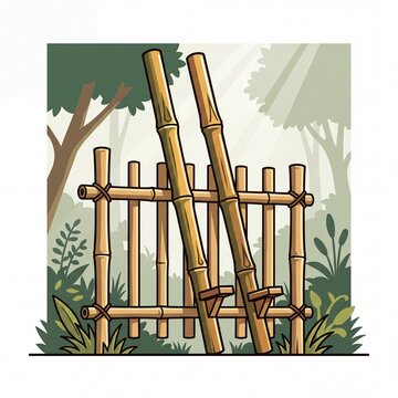 Cartoon Bamboo Egrang Stilts Leaning on Garden Fence