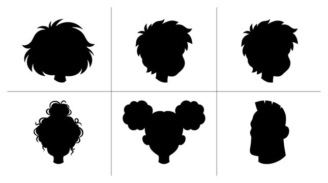 Diverse hairstyles silhouettes set with afro, braids, pigtails, mohawk for avatars and profiles
