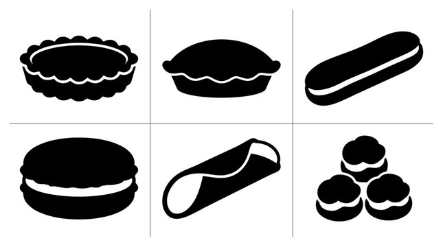 Dessert silhouettes set with pies, eclairs, macarons and cannoli for pastry shop logo