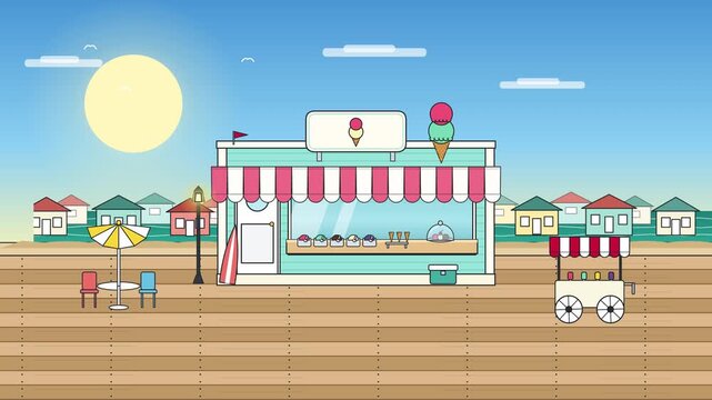Charming seaside ice cream parlor building on boardwalk under sunny sky