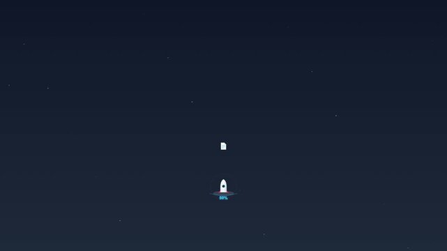 Rocket ship launching upward with loading indicator on dark space