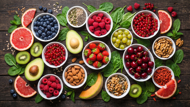 Selection of healthy food. Superfoods, various fruits and assorted berries, nuts and seeds