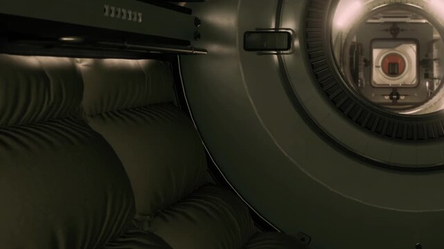 A futuristic spacecraft interior showcases smooth curves and soft textures. The dim lighting creates a cozy atmosphere, inviting exploration of space. A unique engineering marvel unfolds.