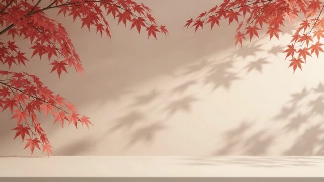 Red Japanese maple leaves framing a minimalist product display podium with autumn background and soft shadow overlay on wall