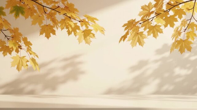3D autumn background with golden maple leaves and soft leaf shadows cast on a beige wall for seasonal product display mock up
