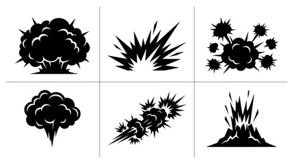 Explosion silhouettes set with blast, boom and burst effects for comic and action design © Towa
