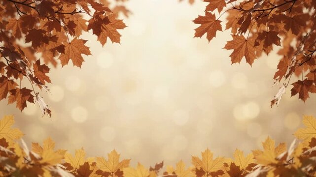 Golden autumn background with falling orange maple leaves frame framing glowing bokeh background for seasonal design template