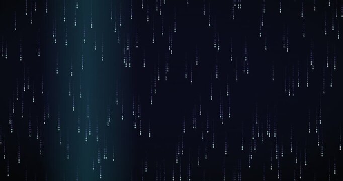 Binary code rain animation falls steadily in a dense storm against a dark violet background with a glowing center.