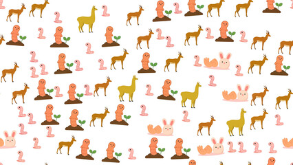 Fototapeta premium Cartoon Animals and Worms Pattern Isolated