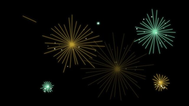 Fireworks exploding in night sky graphic animation featuring colorful sparkles burst loop sequence for celebration background.