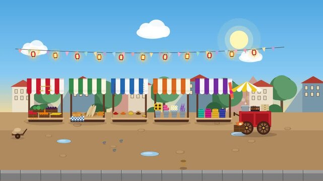 Colorful street market stalls with tents and vendors under sunny sky