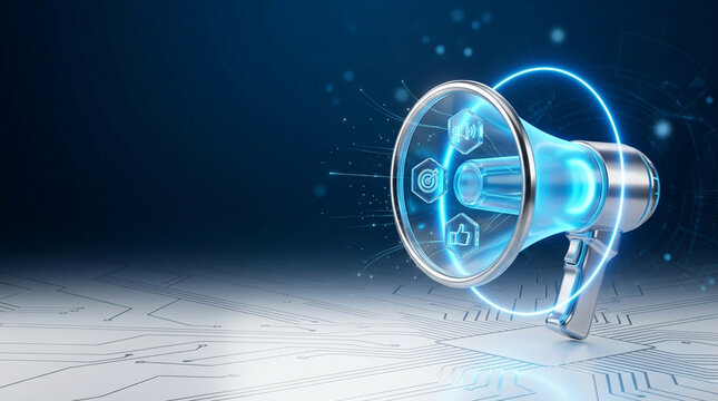 Futuristic 3D megaphone with blue neon ring and marketing icons for targeting and social media engagement, set on a digital circuit board background for communication tech.