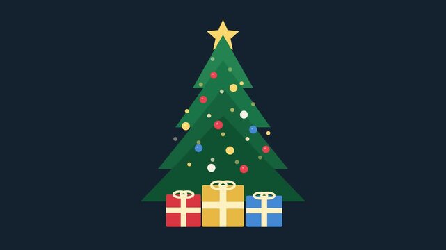 A stylized flat vector illustration of a decorated Christmas tree with gift boxes underneath on a dark background.